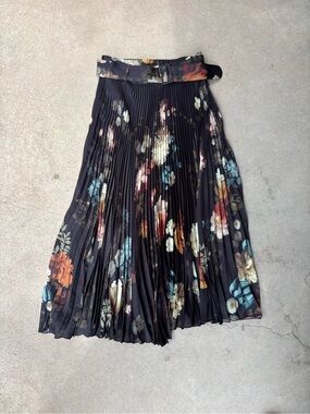 NWT Ranna Gill X Anthropologie Black Pleated Floral Midi Belted Skirt Size XS